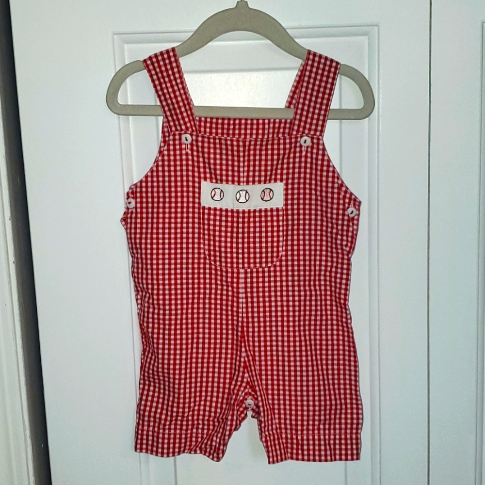 Strasburg Red White Baseball Gingham Romper Vintage 18 Months Toddler Cotton